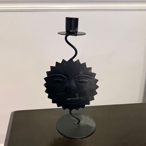 Vtg y2k Black Metal Celestial Sun Face Candle Holder - Decorative Home Art